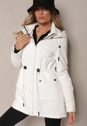 Biała Kurtka Pikowana w Stylu Parki ze Ściągaczem w Talii i Odpinanym Kapturem Erivieria. Białe kurtki damskie Renee, l, bez wzorów, z jeansu, z kapturem. Za 279.99 zł.