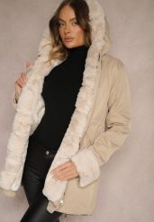 Ciemnobeżowa Kurtka Parka z Futerkiem Teyo. Brązowe kurtki damskie Renee, xl, bez wzorów, z futra, bez kaptura. Za 99.99 zł.