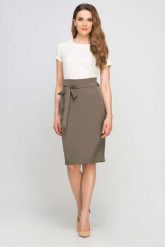 Khaki Spódnica Ołówkowa przed Kolano z Szarfą. Brązowe spódnice damskie Lanti, l, bez wzorów, z elastanu, ołówkowe. Za 185.90 zł.