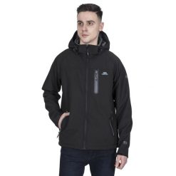 Kurtka Softshellowa Męska Accelerator II Wodoodporna. Czarne kurtki męskie Trespass, l, bez wzorów, z elastanu, z kapturem, trekkingowe. Za 273.99 zł.