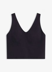 Top sportowy ze średnim stopniem podtrzymywania, o bawełnianej fakturze. Czarne koszulki sportowe damskie bonprix, xl, bez wzorów, z bawełny, bez ramiączek. Za 32.99 zł.