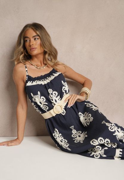Granatowa Rozkloszowana Sukienka na Ramiączkach w Ornamentalny Print Reveleine. Niebieskie sukienki damskie Renee, na co dzień, l, z aplikacjami, bez kołnierzyka, bez ramiączek, maxi, dopasowane. Za 69.99 zł.