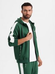 Męskie komplet dresowy oldschool bluza rozpinana z kapturem + spodnie joggery - ciemnozielony V7 - Rozmiar: M. Zielone bluzy męskie Ombre Clothing, m, z aplikacjami, z dresówki, bez kaptura, na fitness i siłownię. Za 379.99 zł.