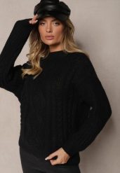 Czarny Sweter z Wiskozą i Ozdobnym Splotem Mialiana. Czarne swetry nierozpinane damskie Renee, na zimę, m, bez wzorów, z wiskozy, casualowe, bez kołnierzyka, bez ramiączek. Za 69.99 zł.