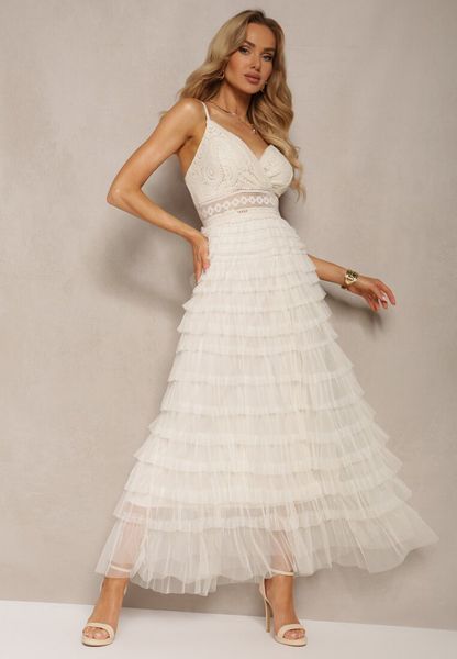 Beżowa Sukienka z Koronką na Regulowanych Ramiączkach z Falbankami Joellama. Brązowe sukienki damskie Renee, m, z aplikacjami, z koronki, bez kołnierzyka, bez ramiączek, maxi, dopasowane. Za 179.99 zł.