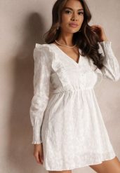 Biała Sukienka z Haftowanego Materiału z Gumką w Pasie Tecusa. Białe sukienki damskie Renee, na lato, l, bez wzorów, z bawełny, bez kołnierzyka, bez ramiączek, mini. Za 169.99 zł.