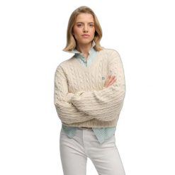 Damski oversize sweter z dekoltem w kształcie V Superdry. Brązowe swetry nierozpinane damskie Superdry, na zimę, bez wzorów, eleganckie, bez kołnierzyka, bez ramiączek. Za 284.00 zł.