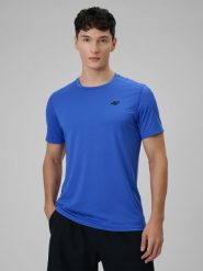 4F Koszulka treningowa regular szybkoschnąca męska - niebieska M. Niebieskie koszulki sportowe męskie 4F, m, bez wzorów, ze skóry, bez ramiączek, na fitness i siłownię. Za 79.99 zł.