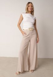 Beżowe Spodnie z Wiskozą o Szerokim Kroju z Wysokim Stanem i Paskiem Larailure. Brązowe spodnie materiałowe damskie Born2be, na lato, bez wzorów, z jeansu, biznesowe, z podwyższonym stanem, długie. Za 129.99 zł.