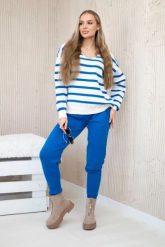 Komplet sweterkowy Bluza w paski + Spodnie chabrowy. Niebieskie bluzy damskie KESI, l, bez wzorów, z poliesteru, eleganckie, bez ramiączek, bez kaptura. Za 278.10 zł.