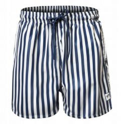 Męskie Spodenki Plażowe (Kąpielowe) - Pako Jeans - Granatowe w Prążek. Niebieskie kąpielówki męskie Pako Jeans, l, bez wzorów, z jeansu. Za 75.00 zł.