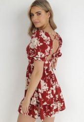 Bordowa Sukienka Thozo. Czerwone sukienki damskie Born2be, na imprezę, xs, bez wzorów, z tkaniny, klasyczne, bez kołnierzyka, bez ramiączek, mini, rozkloszowane. Za 29.99 zł.