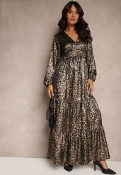Czarno-Złota Sukienka w Panterkę o Rozkloszowanym Kroju z Falbankami i Gumką w Pasie Firintina. Czarne sukienki damskie Renee, na co dzień, bez wzorów, eleganckie, bez kołnierzyka, bez ramiączek, maxi, kopertowe. Za 159.99 zł.