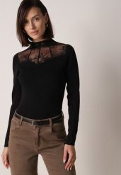 Czarny Dopasowany Sweter z Półgolfem z Wiskozą Zdobiony Koronkową Siateczką Genna. Czarne swetry nierozpinane damskie Born2be, uniwersalny, z aplikacjami, z jeansu, eleganckie, bez kołnierzyka, bez ramiączek. Za 89.99 zł.