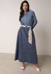 Granatowa Rozkloszowana Spódnica Jeansowa z Bawełny z Paskiem z Apaszką Ipharianne. Niebieskie spódnice damskie Born2be, do pracy, l, bez wzorów, z bawełny, biznesowe, midi, koszulowe. Za 179.99 zł.