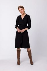 Sukienka elegancka kopertowa z bufiastymi rękawami czarna. Czarne sukienki damskie Stylove, do pracy, m, bez wzorów, z elastanu, biznesowe, bez kołnierzyka, bez ramiączek, dopasowane. Za 189.00 zł.