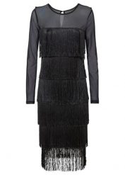 Sukienka midi z przewiewnego siatkowego materiału z frędzlami. Czarne sukienki damskie bonprix, na imprezę, bez wzorów, eleganckie, bez kołnierzyka, bez ramiączek, midi. Za 209.99 zł.