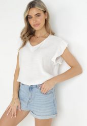 Biała Bluzka z Falbankami i Złotą Nitką Gracelly. Białe bluzki damskie Born2be, xl, bez wzorów, bez kołnierzyka, bez ramiączek. Za 34.99 zł.