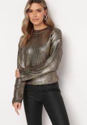 Czarno-Złoty Połyskujący Sweter Zerinna. Czarne swetry nierozpinane damskie Born2be, m, bez wzorów, z dzianiny, bez kołnierzyka, bez ramiączek. Za 129.99 zł.