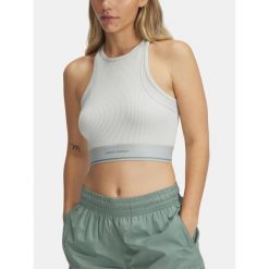 Top treningowy damski Under Armour Meridian Rib Branded Tank hydro. Zielone topy damskie Under Armour, bez wzorów, sportowe, bez kołnierzyka, bez ramiączek. Za 129.99 zł.