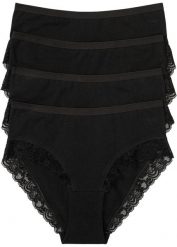 Figi maxi z bawełną organiczną i koronką (4 pary). Czarne majtki damskie bonprix, z bawełny. Za 67.99 zł.