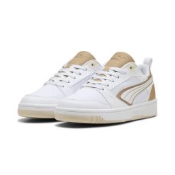 Sneakersy unisex Rebound v6 Low Aqua Metallics PUMA White Gold Alpine Snow. Białe obuwie sportowe damskie Puma, bez wzorów, bez zapięcia, do koszykówki. W wyprzedaży za 219.00 zł.