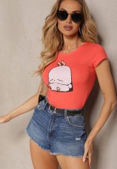 Pomarańczowy T-shirt z Bawełny z Ozdobnym Nadrukiem Janesto. Brązowe t-shirty damskie Renee, m, bez wzorów, z bawełny, bez kołnierzyka, bez ramiączek. Za 39.99 zł.