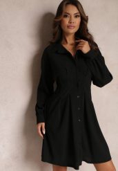 Czarna Koszulowa Sukienka Mini z Taliowanymi Zakładkami Vilette. Czarne sukienki damskie Renee, l, bez wzorów, bez kołnierzyka, bez ramiączek, mini, koszulowe. Za 89.99 zł.