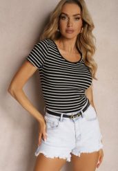 Czarno-Biały Bawełniany T-shirt Koszulka w Paski z Krótkim Rękawem Fralea. Czarne bluzki damskie Renee, l, bez wzorów, z bawełny, bez kołnierzyka, bez ramiączek. Za 59.99 zł.