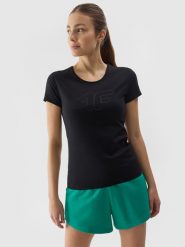 4F T-shirt slim z nadrukiem damski - czarny S. Czarne t-shirty damskie 4F, s, bez wzorów, z bawełny, sportowe, bez kołnierzyka, bez ramiączek. W wyprzedaży za 39.99 zł.