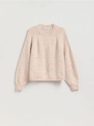 Wzorzysty sweter - pastelowy róż. Czerwone swetry nierozpinane damskie Reserved, l, bez wzorów, z dzianiny, bez kołnierzyka, bez ramiączek. Za 129.99 zł.