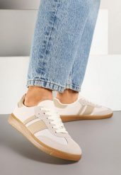 Beżowe Sneakersy Tenisówki z Ozdobnymi Paskami Nelidi. Brązowe trampki i tenisówki damskie Born2be, bez wzorów, z jeansu, bez zapięcia. Za 74.99 zł.