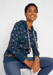 Bluza z kapturem z troczkami z czystej bawełny. Niebieskie bluzy damskie bonprix, bez wzorów, z bawełny, bez ramiączek, z kapturem. Za 129.99 zł.