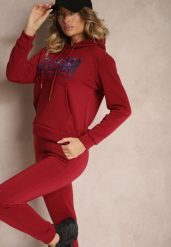 Bordowy Ocieplany Komplet Dresowy Bawełniany Spodnie Joggery i Bluza Zdobiona Nadrukiem Filoira. Czerwone bluzy damskie Renee, m, z aplikacjami, z bawełny, bez ramiączek, z kapturem. Za 84.99 zł.