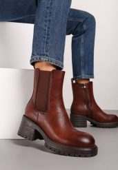 Brązowe Ocieplone Botki na Słupku w Stylu Sztybletów Ozdobione z Boku Gumką Crethea. Brązowe botki damskie Renee, na wiosnę, bez wzorów, z jeansu, eleganckie, bez obcasa, na obcasie, bez zapięcia. Za 159.99 zł.