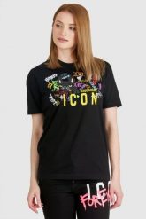 DSQUARED2 Czarny t-shirt damski z graffiti. Czarne t-shirty damskie Dsquared2, s, bez wzorów, z bawełny, bez kołnierzyka, bez ramiączek. W wyprzedaży za 599.99 zł.