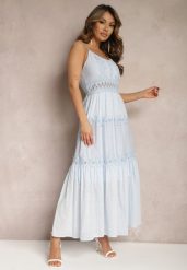 Jasnoniebieska Sukienka Maxi na Cienkich Ramiączkach z Ażurową Wstawką w Talii Grania. Niebieskie sukienki damskie Renee, na lato, m, w ażurowe wzory, z bawełny, bez kołnierzyka, bez ramiączek, maxi. Za 159.99 zł.