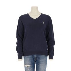 Second life - Damski granatowy sweter z dekoltem w serek - Stan bardzo dobry. Niebieskie swetry nierozpinane damskie Ralph Lauren, bez wzorów, sportowe, bez kołnierzyka, bez ramiączek. Za 170.36 zł.