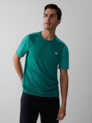 4F Koszulka do biegania szybkoschnąca męska - turkusowa L. Niebieskie t-shirty męskie 4F, l, bez wzorów, bez kołnierzyka, bez ramiączek. Za 129.99 zł.