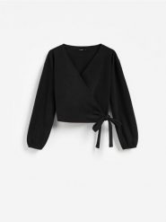 Bluza z wiązaniem - czarny. Czarne bluzy damskie Reserved, l, bez wzorów, z dzianiny, bez ramiączek, bez kaptura. Za 99.99 zł.