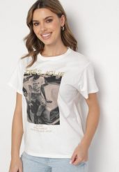 Biały T-shirt z Bawełny Ozdobiony Nadrukiem i Brokatem Marionel. Białe t-shirty damskie Born2be, m, z aplikacjami, z bawełny, eleganckie, bez kołnierzyka, bez ramiączek. Za 34.99 zł.