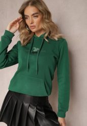 Zielona Ocieplona Bluza z Kapturem Ozdobiona Naszywką i Napisem Eirellia. Zielone bluzy damskie Renee, xl, z aplikacjami, z dzianiny, casualowe, bez ramiączek, z kapturem. Za 79.99 zł.