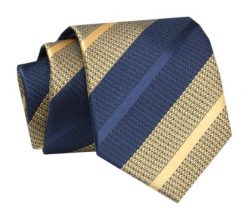 Krawat - ALTIES - Żółto Granatowe Prążki. Niebieskie krawaty i muchy Alties, bez wzorów, z tkaniny, eleganckie. Za 49.00 zł.