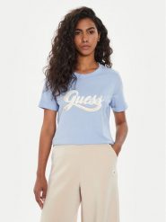 Guess T-Shirt W4YI09 JA914 Niebieski Regular Fit. Niebieskie t-shirty damskie Guess, xl, z aplikacjami, z bawełny, bez kołnierzyka, bez ramiączek. Za 119.99 zł.