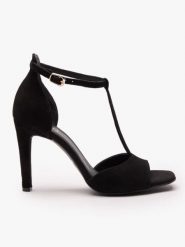 Czarne sandały na wysokim obcasie. Czarne sandały damskie Ryłko, bez wzorów, z gumy, z okrągłym noskiem, bez obcasa, na obcasie, bez zapięcia. Za 449.99 zł.