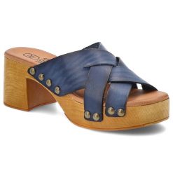 Klapki damskie HEE, ze skóry naturalnej licowej na klocku wygodne, niebieskie, 25355. Niebieskie klapki damskie Hee, na lato, bez wzorów, z materiału, retro, bez obcasa, na obcasie, bez zapięcia. Za 239.00 zł.