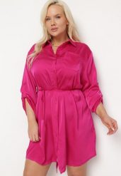 Fuksjowa Sukienka Mini Zapinana na Guziki z Cienkim Materiałowym Paskiem Venudda. Czerwone sukienki damskie Born2be, xl, bez wzorów, z materiału, bez kołnierzyka, bez ramiączek, midi. Za 39.99 zł.