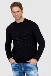 EMPORIO ARMANI Czarna bluza męska z aksamitnym logo. Czarne bluzy męskie Emporio Armani, l, z aplikacjami, bez ramiączek, bez kaptura. W wyprzedaży za 599.99 zł.