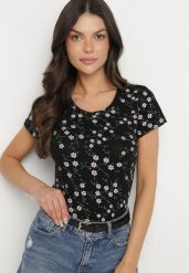 Czarny T-shirt z Bawełny w Kwiaty Savilisse. Czarne t-shirty damskie Born2be, l, bez wzorów, z bawełny, klasyczne, bez kołnierzyka, bez ramiączek. Za 29.99 zł.