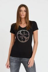 GUESS Czarny t-shirt 4G LOGO TEE. Czarne t-shirty damskie Guess, s, z aplikacjami, bez kołnierzyka, bez ramiączek. W wyprzedaży za 170.99 zł.